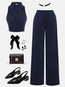 Girlism Teen Girls Back To School, Campus, Navy & White Striped Thin Blazer Top And Low Waist Suit Pants 2 Pieces Set