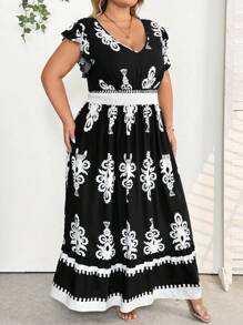 SHEIN CURVE+ Vestido casual de vacaciones con cuello en V, volantes, mangas tapón, cintura con cordón y dobladillo con volantes en forma de A, para mujer talla grande. Atuendo para la playa/Vestido de playa/Atuendos de vacaciones en la playa/Esenciales de playa/Graduación/Vestido para té