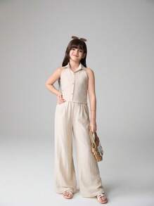 Tween Girl Solid Color Single Breasted Sleeveless Top And Wide Leg Pants 2 Pieces Set - Apricot - View 1