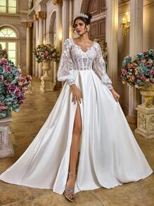 SHEIN Belle Elegant Romantic White Mesh Embroidered V Neck Lantern Sleeve Fishtail Decorative Collar Wide Hem High Slit Open Back Tie Bridal Wedding Gown, For Bride - White - View 6