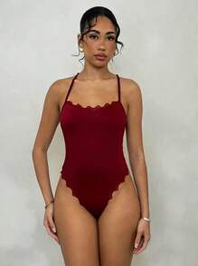 Glamine Women's Burgundy Knitted Bodysuit With Spaghetti Straps, Lace Detail, And Ruffle Neck - Burgundy - View 6