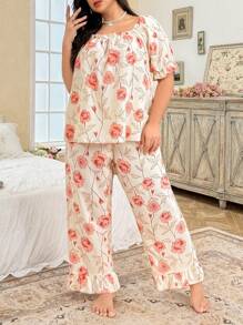 CottageSlumber Plus Size Romantic Rose Floral Puff Sleeve Pajama Set - Coral Orange - View 4