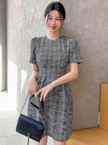 DAZY Women's Elegant Plaid Round Neck Short Sleeve Mini Dress, Summer Elegant - Black - View 2