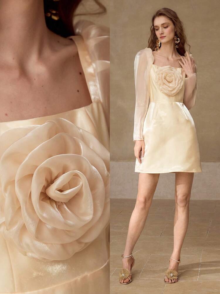 ステレオフローラル スクエアネックドレス