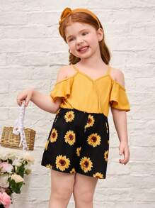 SHEIN Young Girl Solid Color Open Shoulder Patchwork Sunflower Print Romper