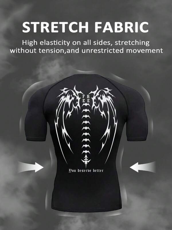Manfinity Sport Polished T-shirt de fitness quotidien à manches courtes col rond avec imprimé lettres pour hommes, tops de gym, Top de compression respirant