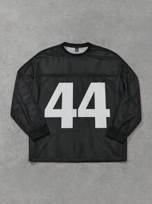 PAVTROS Manfinity Streetrush Manfinity Streetrush Men's Casual Black Mesh Fabric With Simple Digital Graphic Print Long-Sleeved Pullover, Loose Round Neck Splicing, Daily Casual Holiday Gift, Daily Casual Wear For Commuting In All Seasons,Rapper Top