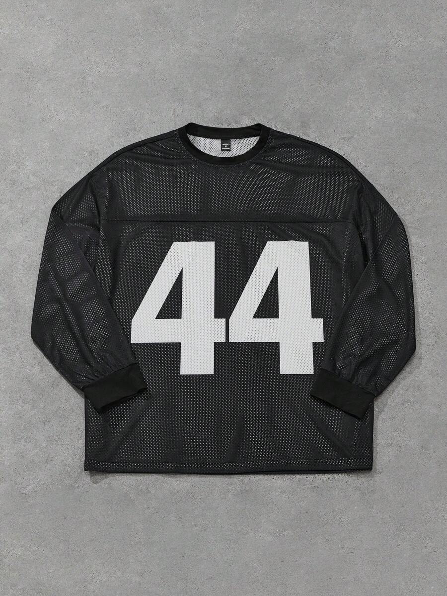 PAVTROS Manfinity Streetrush Manfinity Streetrush Men's Casual Black Mesh Fabric With Simple Digital Graphic Print Long-Sleeved Pullover, Loose Round Neck Splicing, Daily Casual Holiday Gift, Daily Casual Wear For Commuting In All Seasons,Rapper Top