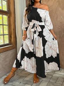 SHEIN Clasi 大码女式节日花卉印花不对称领口灯笼袖优雅连衣裙