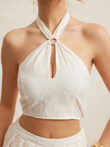 L'Amorae Elegant Summer Vacation Halter Neck Rhinestone Bohemian Smocked Cropped Top, Summer For Women - Apricot - View 3