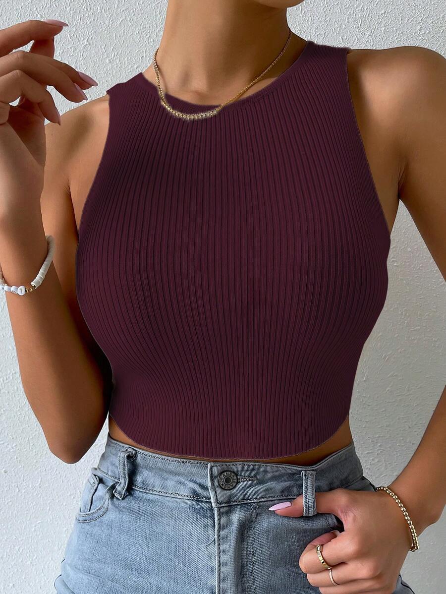 SHEIN Unity Women's Solid Color Crew Neck Sleeveless Ribbed Knit Slim Sweater - Burgundy - View 1