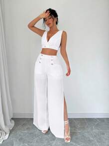 Elenzga 2 pezzi Set di donne elegante composto da top smanicato con scollo a V e pantaloni lunghi con tasche con bottoni