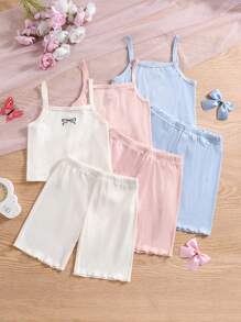 Tween Girl 6 件套 淡粉色、杏色、蓝色吊带背心、针织爱心和蝴蝶结刺绣短裤和汗衫休闲内衣套装，春夏 - 彩色 - 查看 3