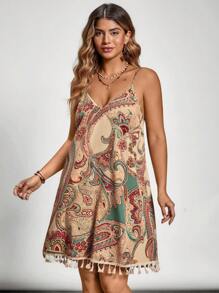 SHEIN VCAY Plus Size Summer Casual Loose Strap Dress,Boho Women Clothing Western Clothes For Women Country Outfits Women Sundresses For Vacation Tassels - Multicolor - View 4