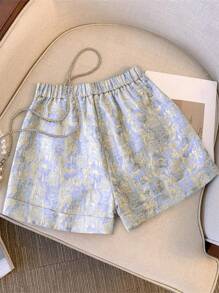 Franclia Pantaloncini ampi e romantici da donna in acetato con satin, design jacquard, vita alta, orlo con volant, a gamba larga, stile elegante, taglia comoda