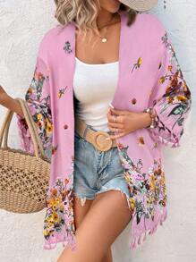 SHEIN VCAY Women's Floral Print Tassel Sleeve Kimono Robe Swimsuit Cover Up