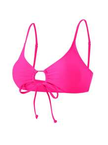 Swim Mod Women Beach, Simple Solid Color Front Tie Bikini Top For Vacation & Leisure For Summer - Hot Pink - View 3