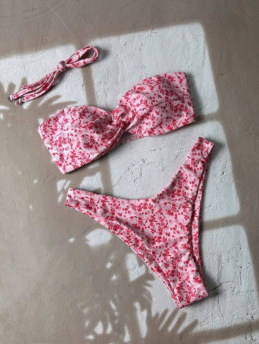 Swim Mod Springbreak Women's Summer Random Print Bandeau Twist High Cut Beach Vacation Bikini Set - Multicolor - View 1