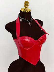 Amplova 女式简约修身休闲金属腰带装饰露背短款上衣