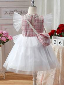 2 件套年轻女孩时尚甜美网眼盖袖格子连衣裙和包包套装，适合派对和外出，夏季新品