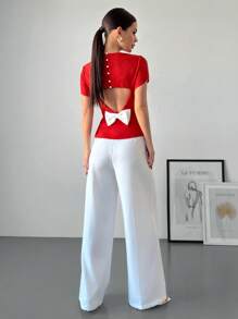 Firerie Women's Red Knitted Casual Blouse With Short Sleeves, Round Neck, And Pearl Button Back Detail - White - View 2