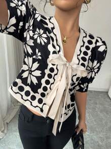 Elenzga 对称花卉度假休闲系带蝴蝶结装饰优雅短袖衬衫 - 彩色 - 查看 5