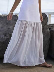 Aralina Spaghetti Strap Pleated Hem Flowy Dropped Waist Summer Maxi Dress - White - View 7