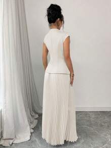 Chiquease 2pcs Women Simple Plain Cardigan And Pleated A-Line Skirt Set - Apricot - View 2