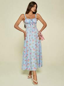 SHEIN Tall Vintage Garden Queue Patterned Square Neckline Sleeveless Ladies' Dress With Floral Bustier, Spring/Summer - Blue - View 3