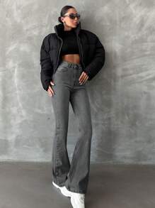 SHEIN Tall Women's High Waist Pocketed Flared Casual Versatile Jeans - Light Grey - View 4