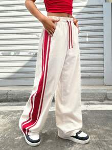 Coolane Kids Tween 女童春夏休闲撞色条纹抽绳腰长裤 - 杏色 - 查看 1
