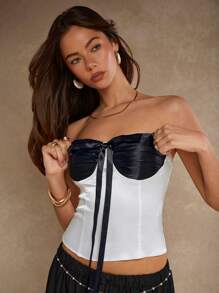 COSMINA Women's Elegant Strapless Crop Top: Woven Fabric, Sleeveless Design With Zipper Detail And Bow Accent - Black and White - View 4