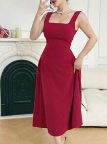 DAZY Sleeveless Square Neckline Solid Color Long Dress For Women Red Women Dresses,New Year - Burgundy - View 6