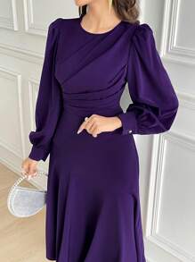 Modelyn Robe mi-longue plissée à manches lanternes et col rond, couleur unie. Robe de soirée longue pour femmes