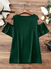 INAWLY Women's Solid Color Eyelet Tie Front Cold Shoulder Short Sleeve Casual T-Shirt - Green - View 2