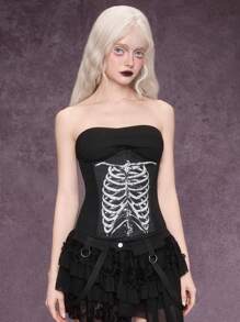 ROMWE Grunge Punk 1 件女式骷髅图案装饰腰带日常休闲深色风格上衣，万圣节 - 黑色 - 查看 4