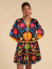 Travachic Váy xòe rộng in họa tiết, tay dài, váy phụ nữ Mexico, váy thường ngày đi nghỉ - màu đen - Xem 4