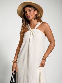 Freevana Plus Size Solid Color Halter Long Casual Dress Graduation Dress Sun Dress Summer Outfits For Women Easter Outfit Women Festival Rave Bohemia Graduation Wedding Guest Dress Women  Vacation Boho Festival Outfits Country Concert Outfit Brunch Outfits For Women Easter Outfit Curve