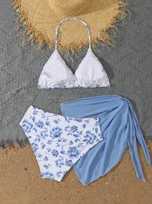 Teen Girls 3 Piece Floral Print Bikini Sets With Skirt, Fashion Casual Elegant Swimsuit Suitable For Swimming, Vacation, Summer Kids Swimming ,Kids Beachwear - Blue and White - View 2