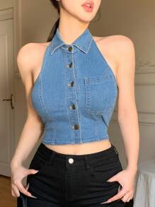 DAZY Women's Summer Halter Neck Open Front Sleeveless Casual Denim Shirt, Sexy & Minimalist - Medium Wash - View 4