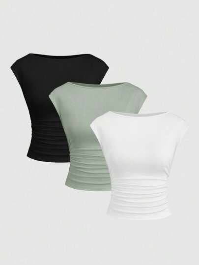 Sweetra 3pcs Sexy Hollow-Out Back Breathable Moisture-Wicking Fitted Short Sleeve Women Tops Set