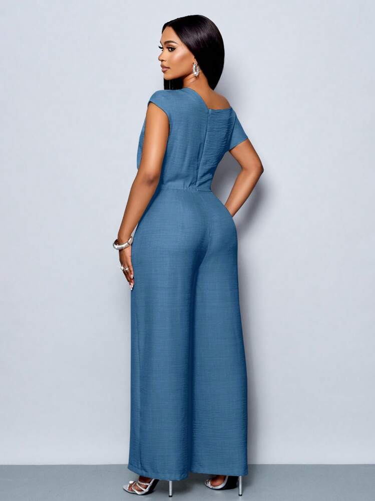 SOLERSUN Macacão casual com ombros à mostra, gola assimétrica, pregas nos ombros, manga curta e perna larga, elegante e simples para o dia a dia, em apricot, para uso em qualquer estação para mulheres - Azul - Visão 2