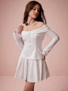 Enchnt Robe élégante femme à manches longues, épaules dénudées, plissée, couleur unie, ourlet - Blanc - Voir 5