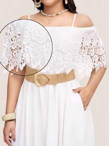 Comfylo 大码女式优雅撞色蕾丝插袋长裙 - 白色 - 查看 2