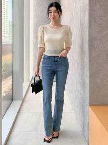 DAZY 女式半透明 3/4 袖圆领网眼休闲套头衫，夏季 - 杏色 - 查看 3