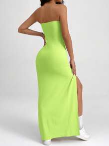 SHEIN PETITE Women's Green Midi Dress: Strapless Sleeveless Knitted Bodycon Dress With High Slit - Green - View 2