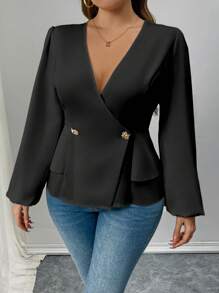 Celure Camicetta elegante e semplice da donna taglie forti, scollo a V, incrocio sul davanti, maniche a palloncino, vita stretta, adatta per primavera/autunno