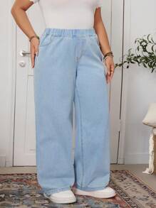 SHEIN Privé 大尺碼牛仔褲 - 淺色水洗藍 - 查看 5