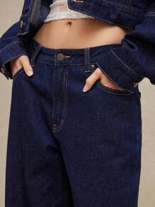 WESTFADE Mid Rise Loose Fit Straight Leg Western Cowgirl Casual Cute Denim Jeans For Spring Summer Vacation - Dark Wash - View 5