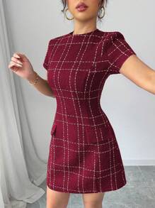 Elenzga 优雅法式格子图案粗花呢连衣裙，带口袋装饰，女式紧身迷你连衣裙 - 酒紅色 - 查看 3